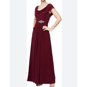 Alex Evenings Cowl Neck Beaded Waist Merlot Wine Dress Size 16